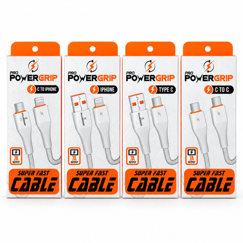 PowerGrip fast charging cable lineup Type C, USB to iPhone, C to C and C to iPhone