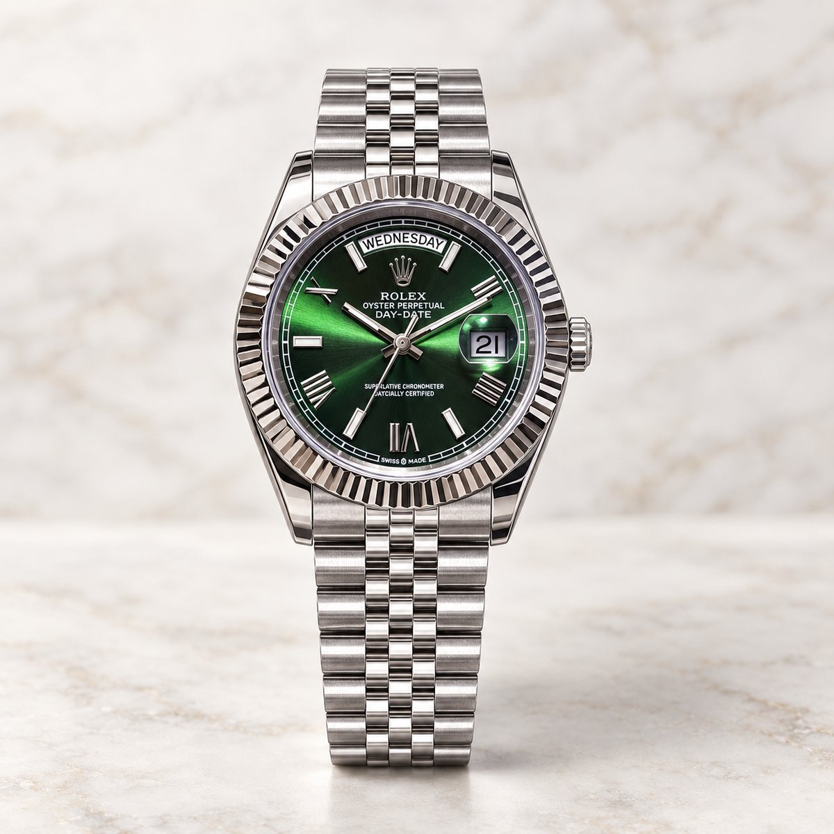 RLX Day-Date Green Silver Watch
