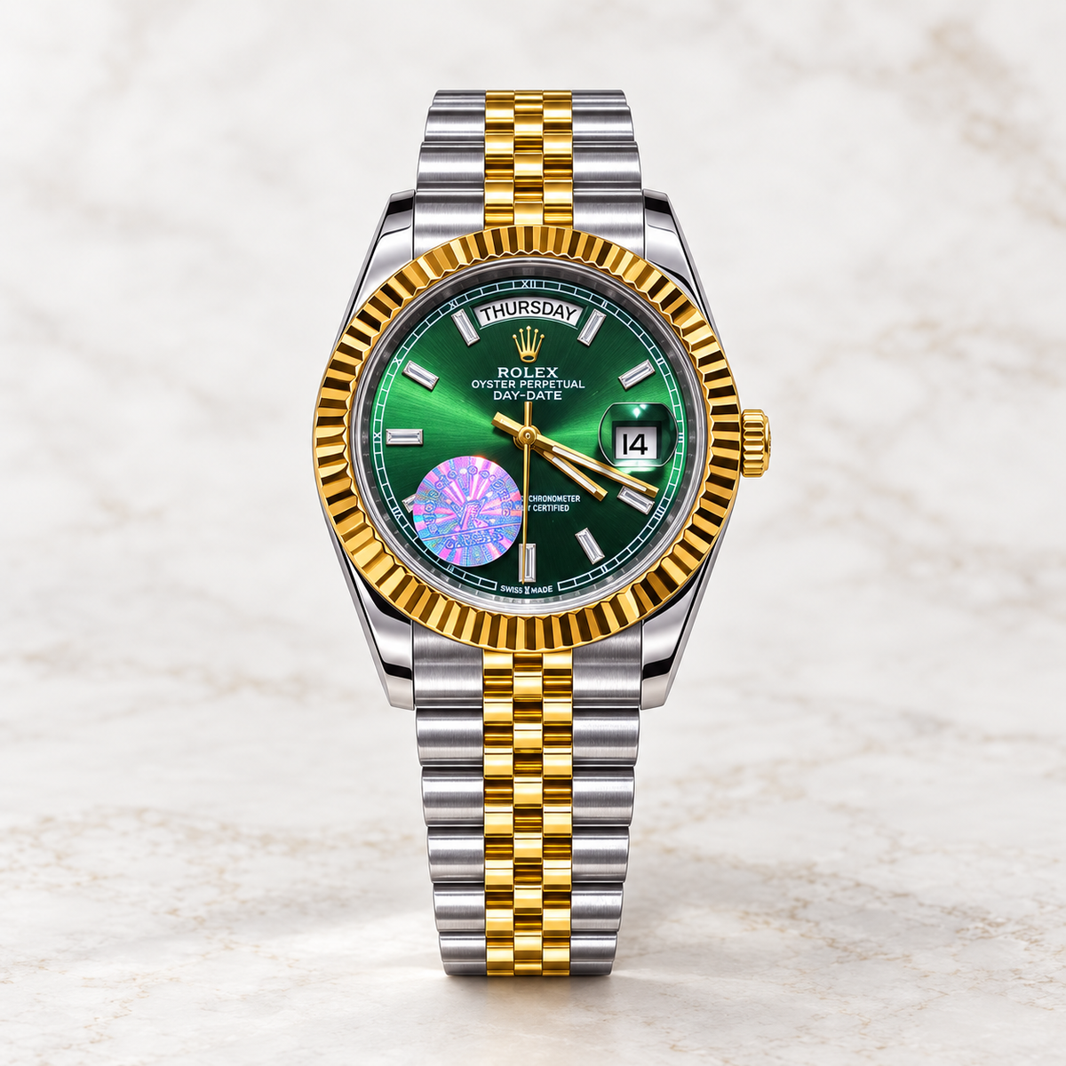 RLX day date green two tone gold watch