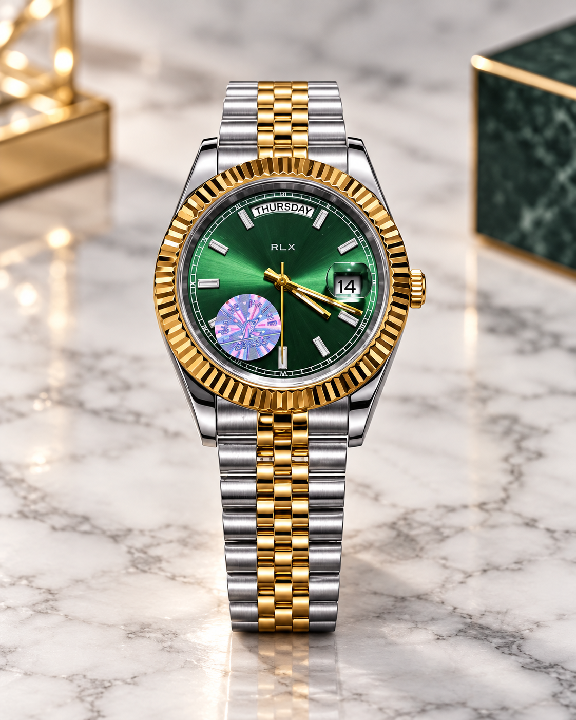RLX GMT green gold silver watch
