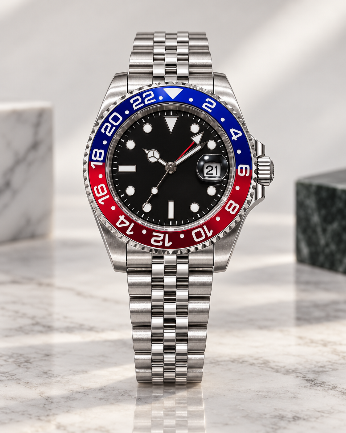 RLX GMT red blue silver watch