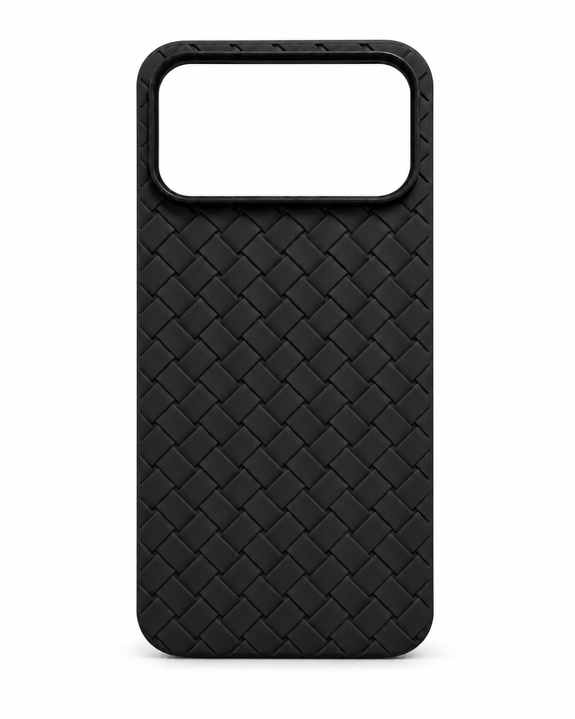 Black woven texture phone case with square camera cutout on white background