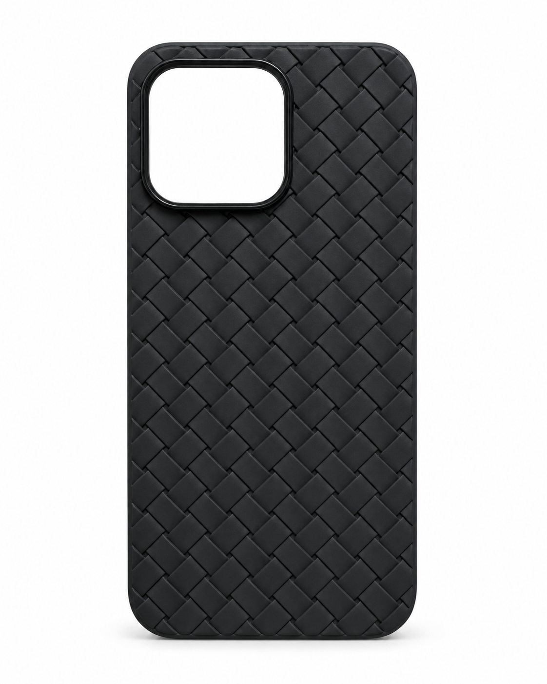 Black woven texture phone case with wide camera cutout on white background