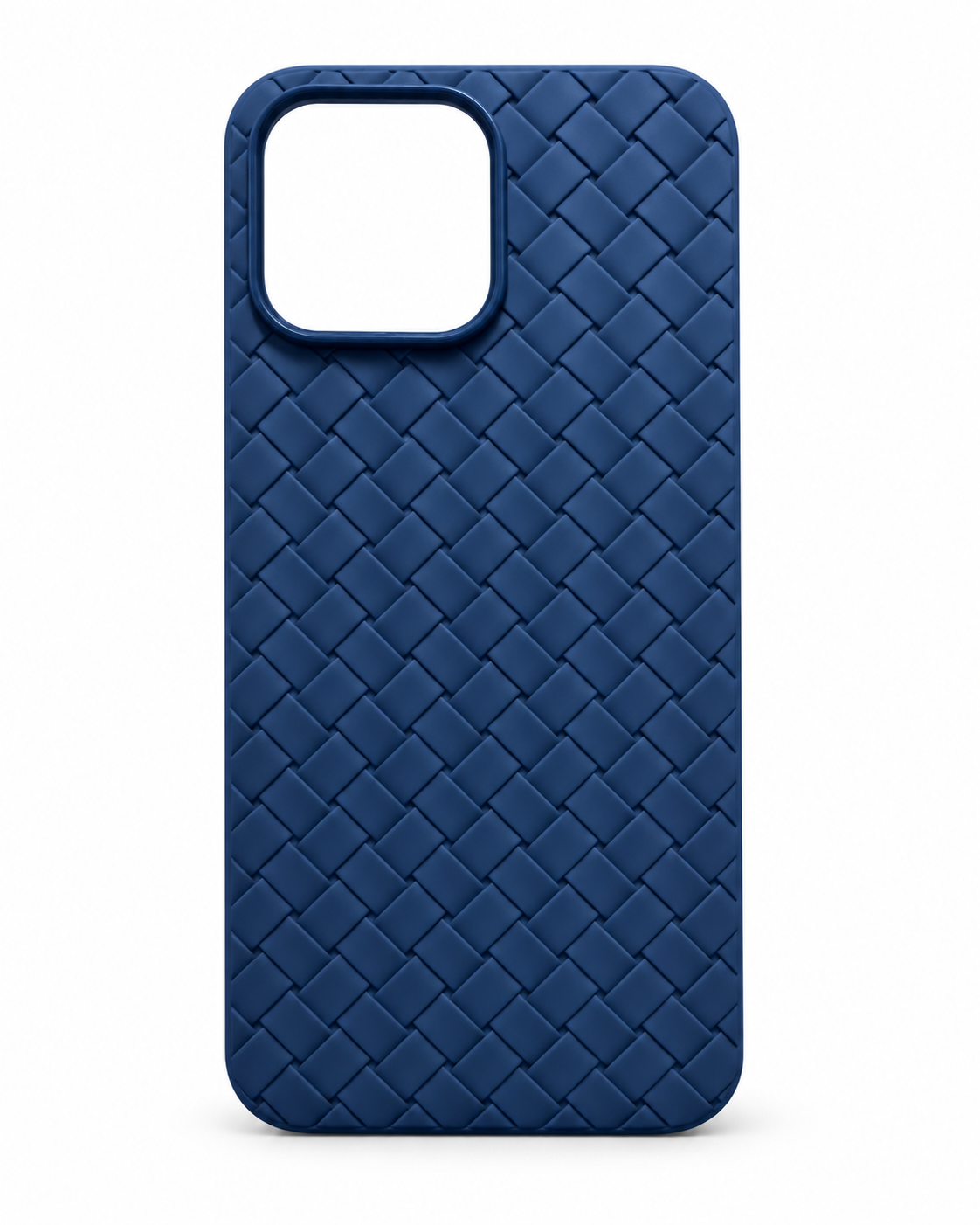 Navy woven texture phone case with square camera cutout on white background