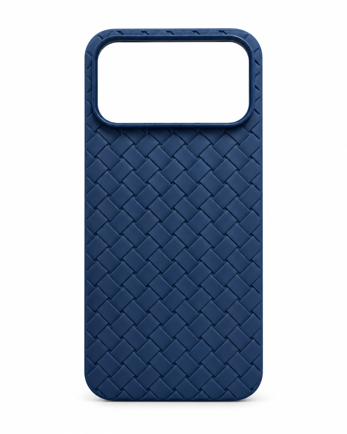 Navy woven texture phone case with wide camera cutout on white background
